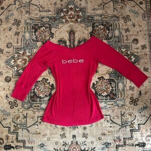 Bebe Vintage Y2K Hot Pink Ribbed Rhinestone Logo Off Shoulder Top Large USA